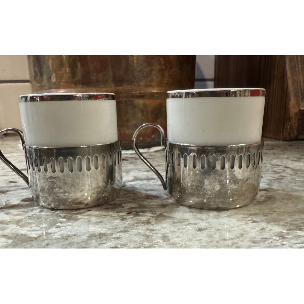 Vintage Selandia Brazil Silver Plate & Vera Cruz Porcelain Espresso Cups Set 2